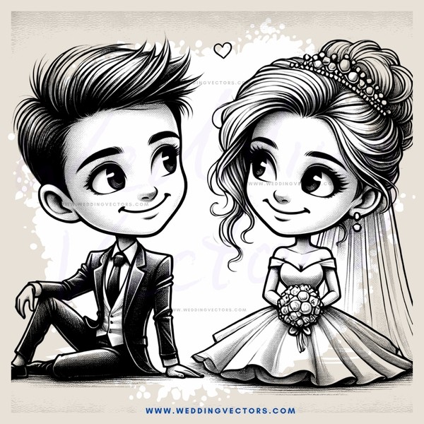 a bride and groom with hearts over their heads