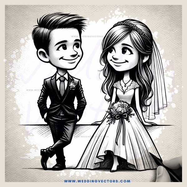 cartoon bride and groom with flowers