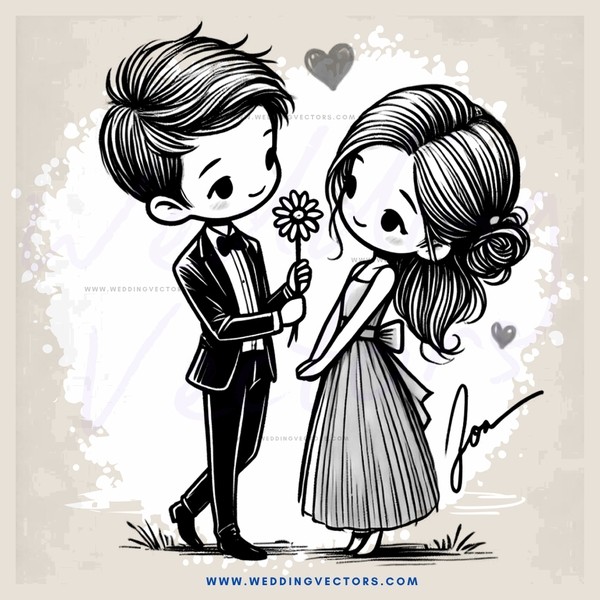 a cartoon boy and girl holding flowers