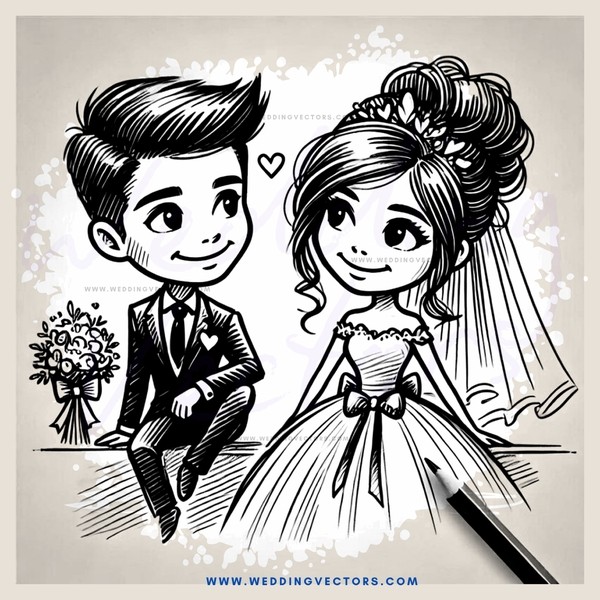 black and white engagement drawing with boy holding flowers