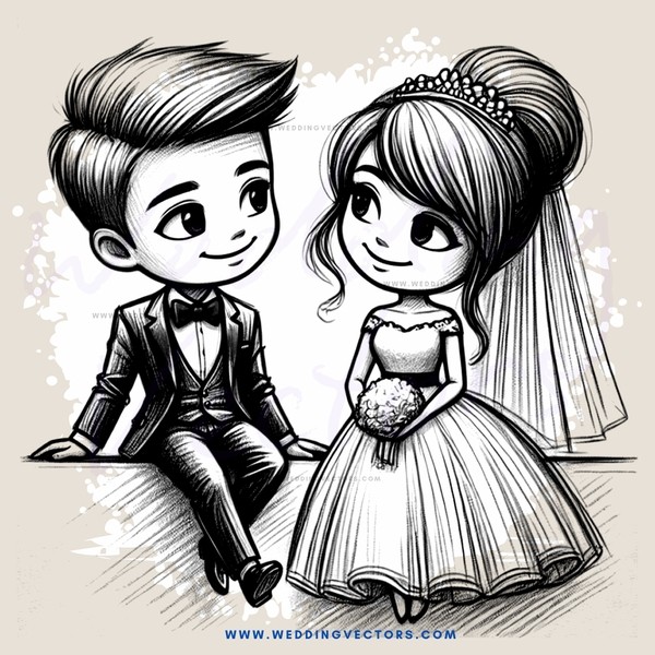 groom and bride drawing with wedding dresses and bow ties