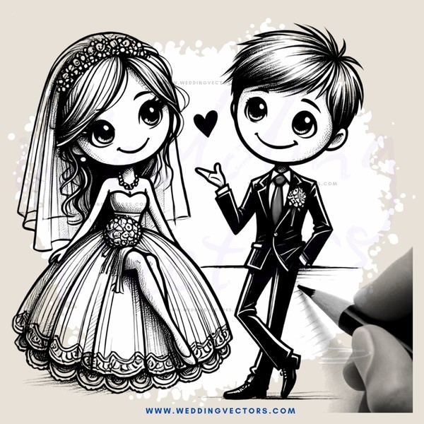wedding cartoon pencil sketching