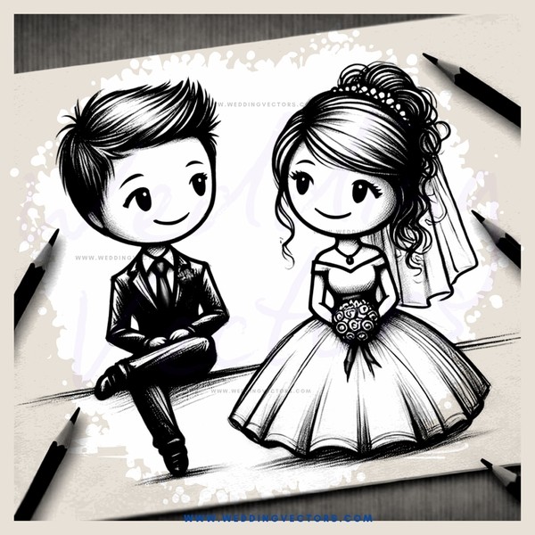 a cartoon couple sitting together on a bench with a pen next to them