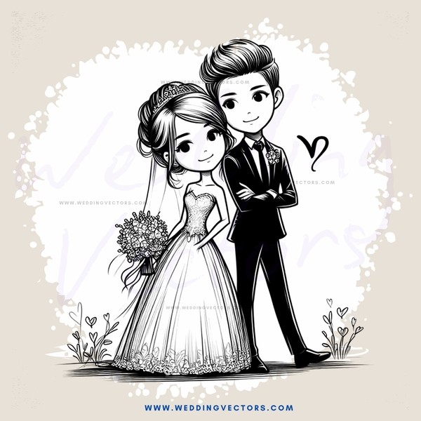 a bride and groom in wedding attire