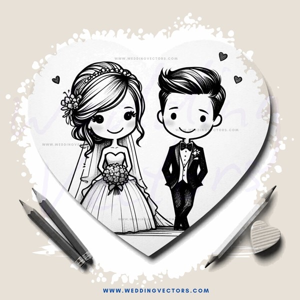 cartoon wedding bride and groom hearts