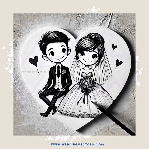 an engagement heart with bride and groom
