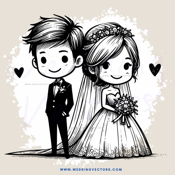 groom and bride cartoon image in black and white