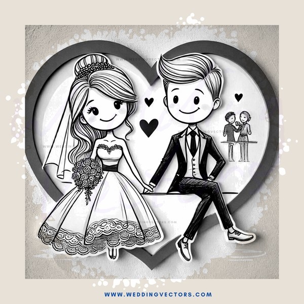 a cartoon wedding illustration in black and white with hearts around it