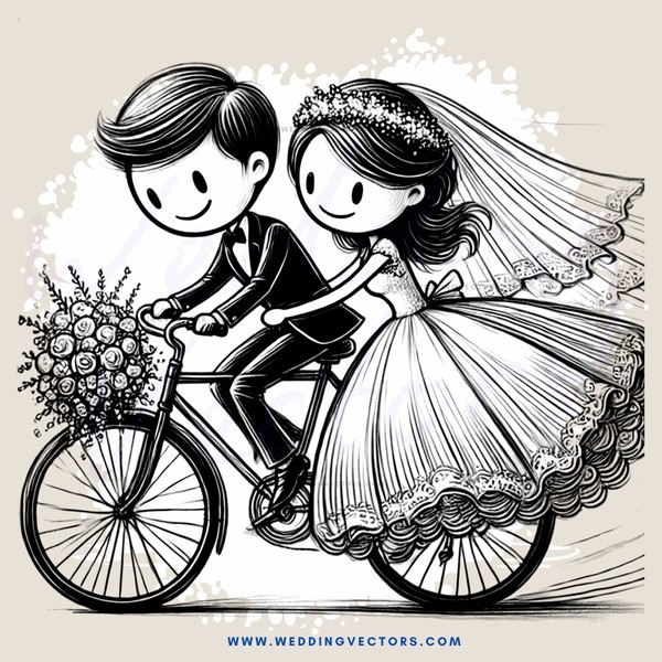 bride and groom on bicycle