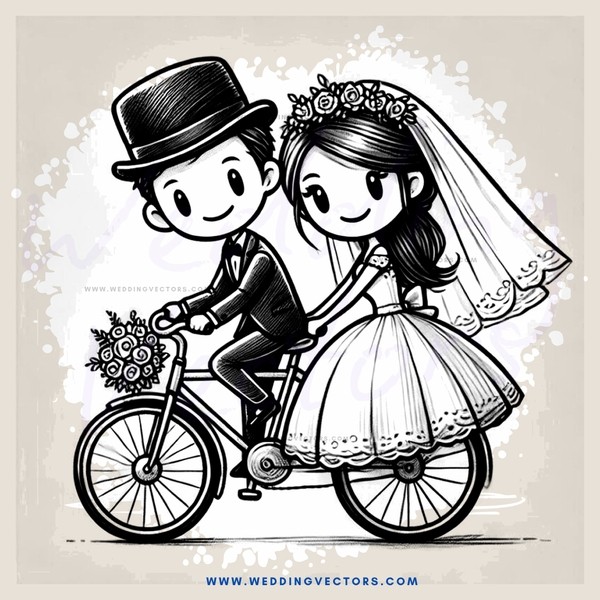 bride and groom on bike with flowers