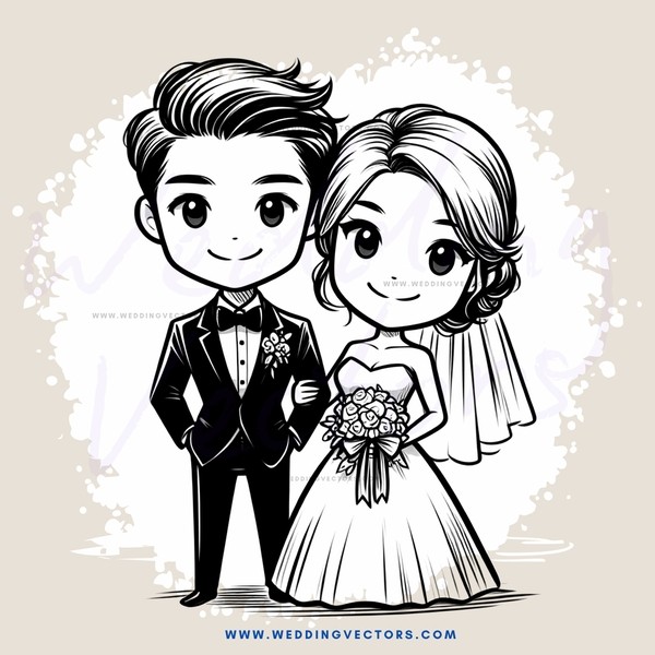a happy couple in their wedding attire