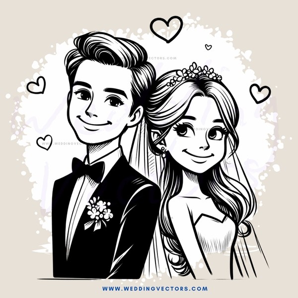 a wedding couple's black and white illustration