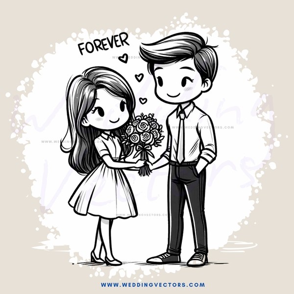 couple exchange flowers and phrase "forever"