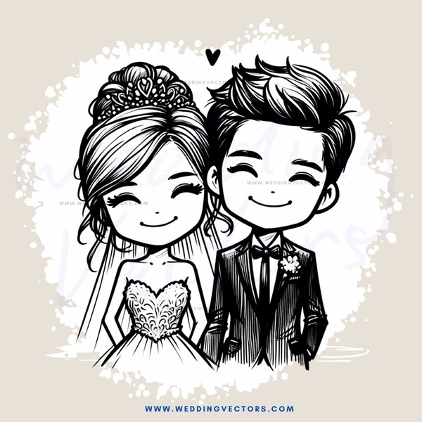 a bride and groom smile at each other in black and white artwork