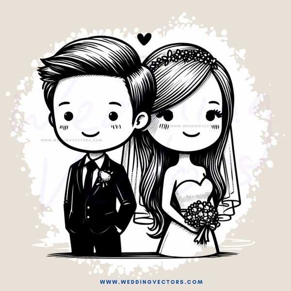 a black and white illustration of a bride and groom