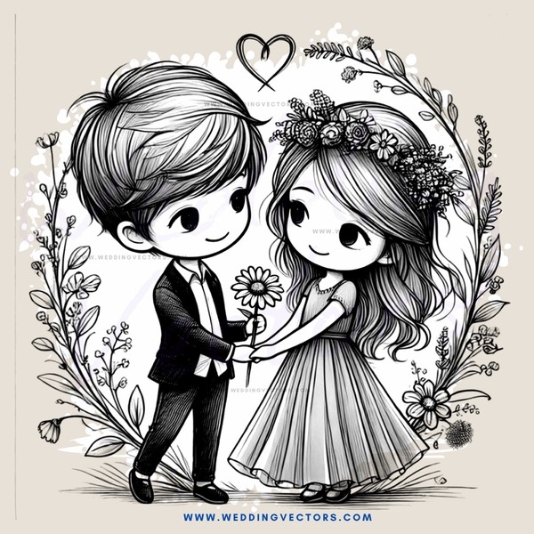 a young couple holding flowers and dressed in their wedding attire