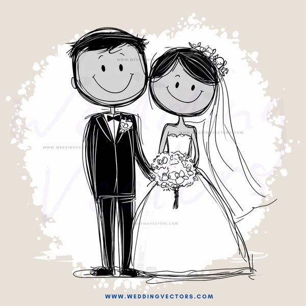 a black and white cartoon of a bride and groom