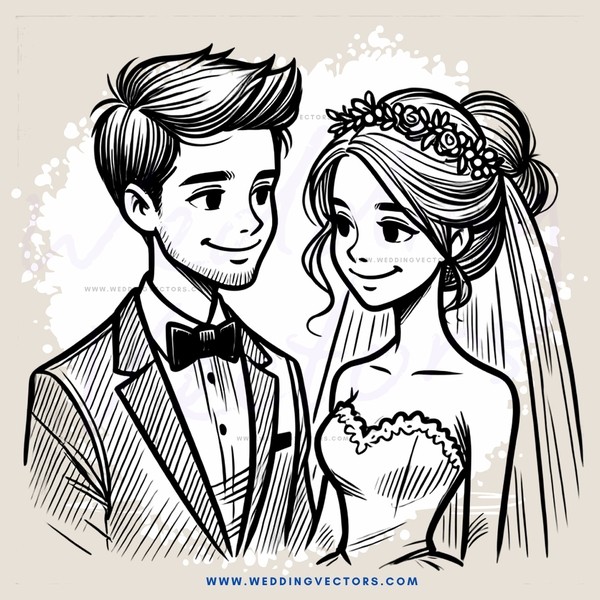 a bride and groom in wedding fashion, smiling