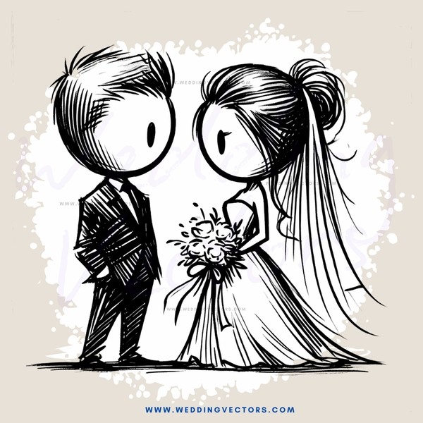 wedding bride and groom in black and white cartoon