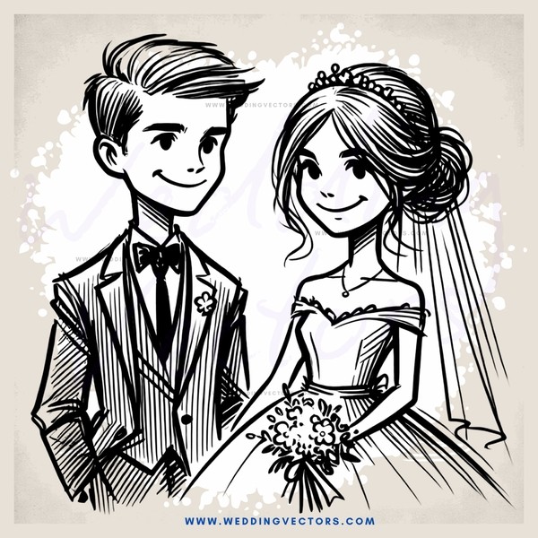 groom and bride cartoon sketch in black and white