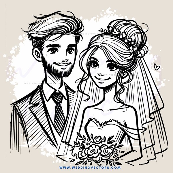 a wedding couple's picture in black and white