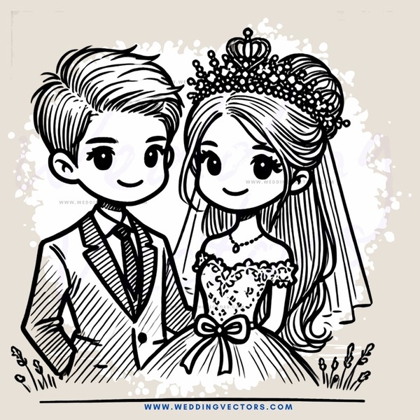 a bride and groom in wedding attire