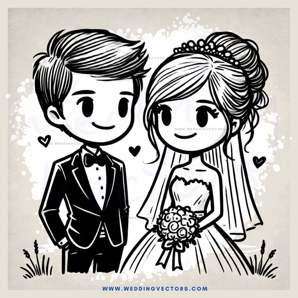 a bride and groom in wedding attire