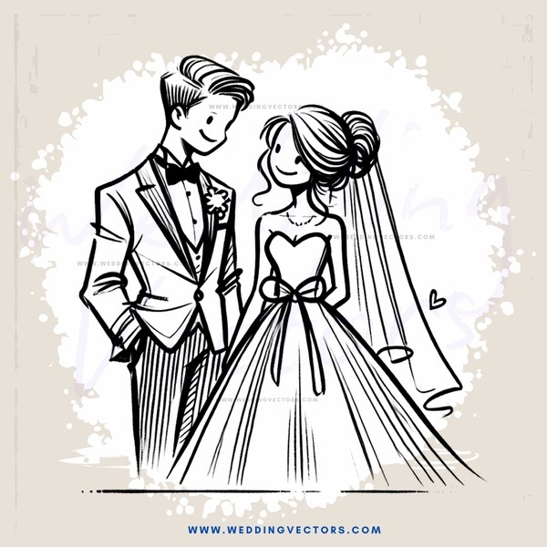 a wedding illustration with a bride and groom in the middle