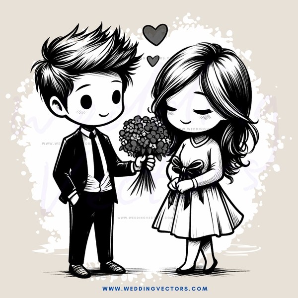 a boy and girl holding flowers with hearts above them