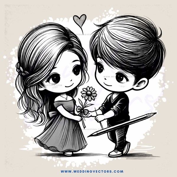 a boy holding a girl's hand and flowers