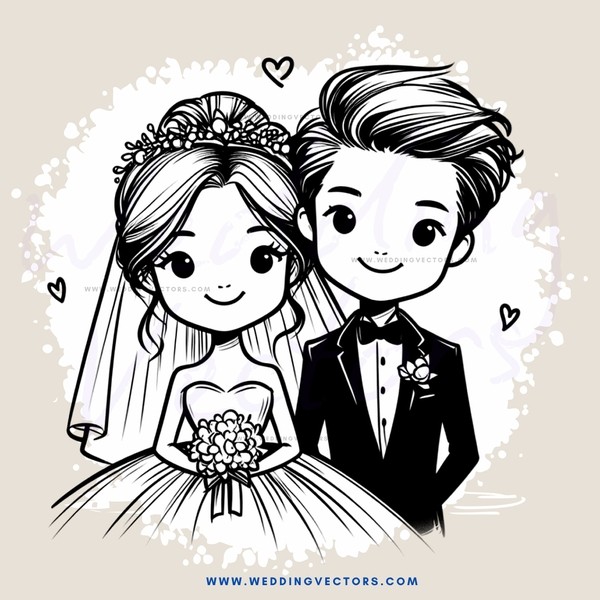 a bride and groom with wedding attire on