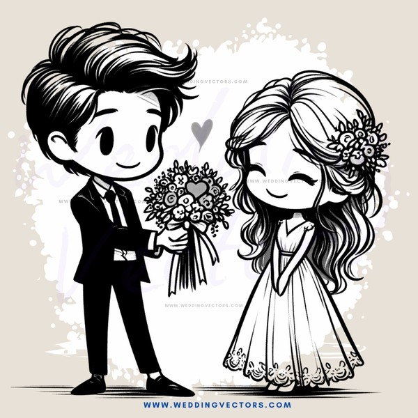 a bride and groom sharing a bouquet