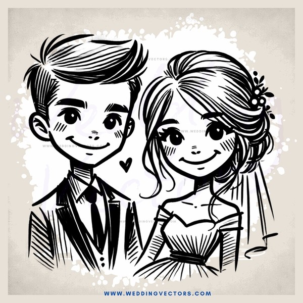 a cartoon drawing of a bride and groom