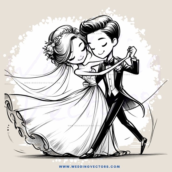 a couple in wedding attire dancing together