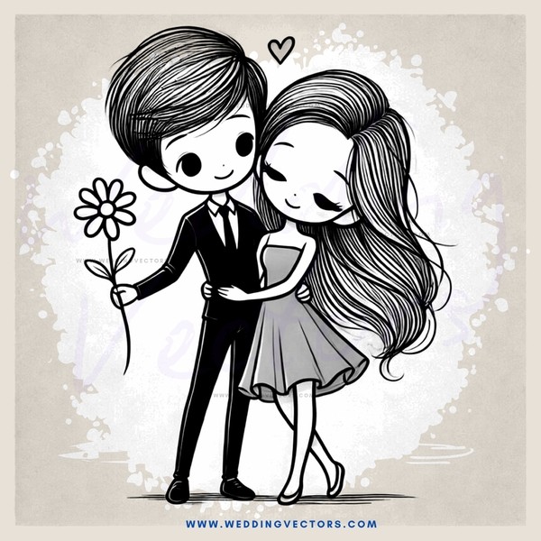 a young couple in black and white illustration