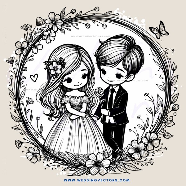 a boy and girl standing next to each other in an oval surrounded by flowers