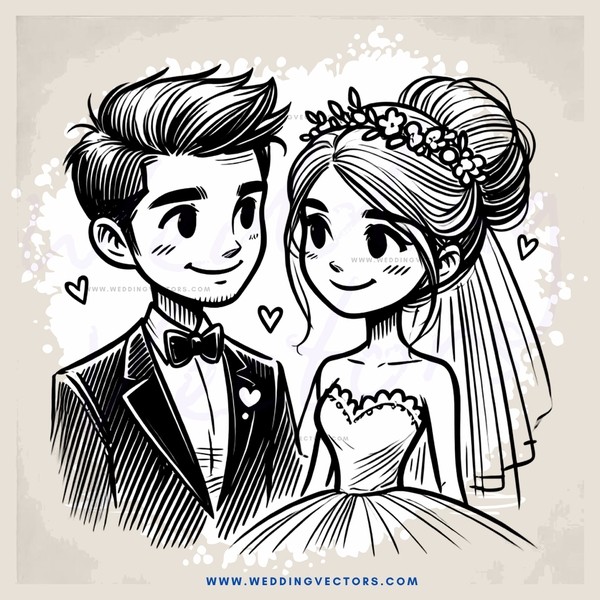 a bride and groom with hearts