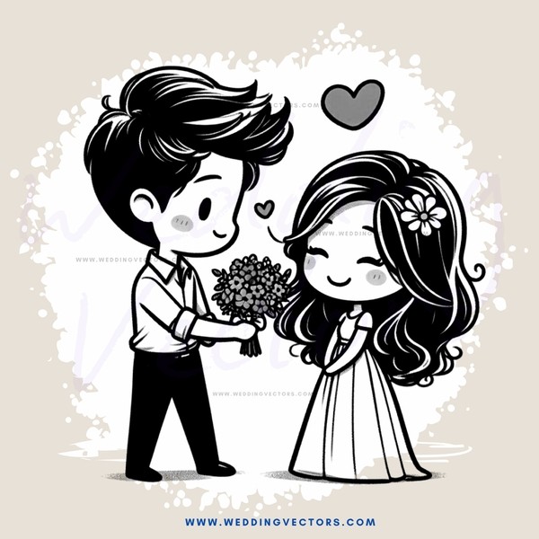 a young couple standing together with flowers and an heart
