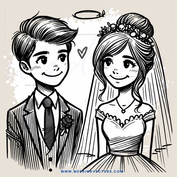 a cartoon boy and girl on the wedding stage