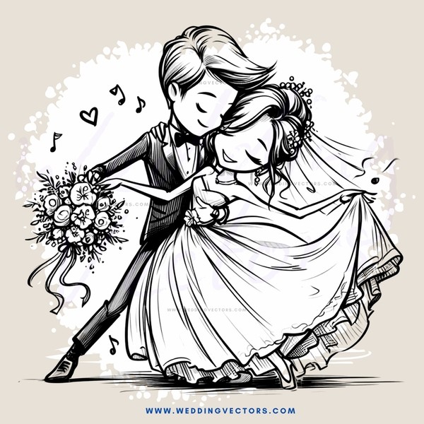 a couple dancing with hearts around them