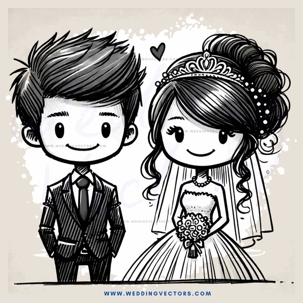 a bride and groom drawing in black and white