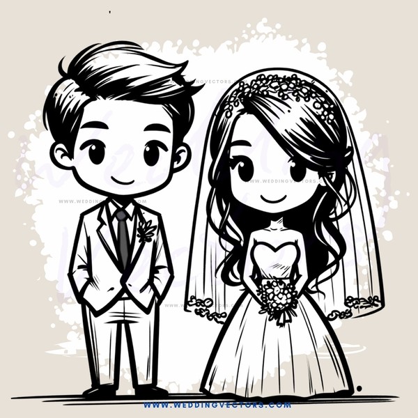 a bride and groom in wedding attire