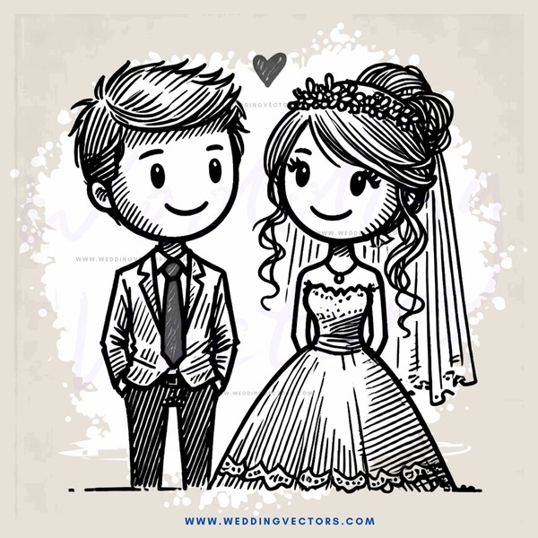 a bride and groom with hearts drawn on them