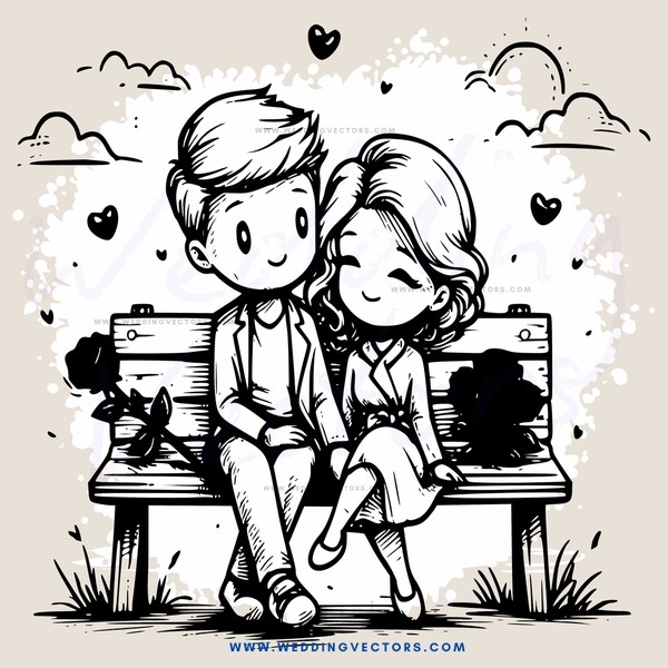 lovers on bench with hearts above their head