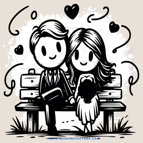 a couple sitting on a bench with hearts in the background
