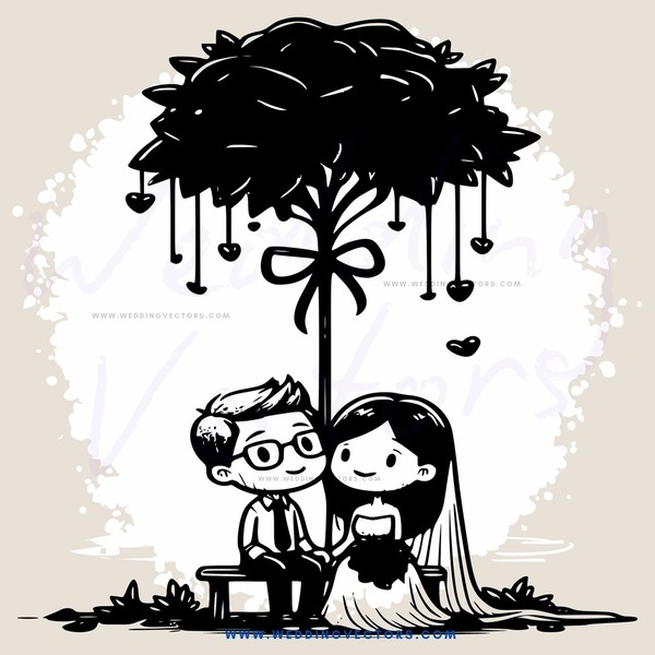 a couple sitting under a tree with hearts