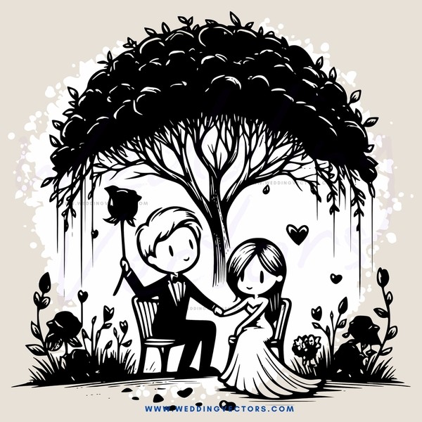 couple sitting under an umbrella tree