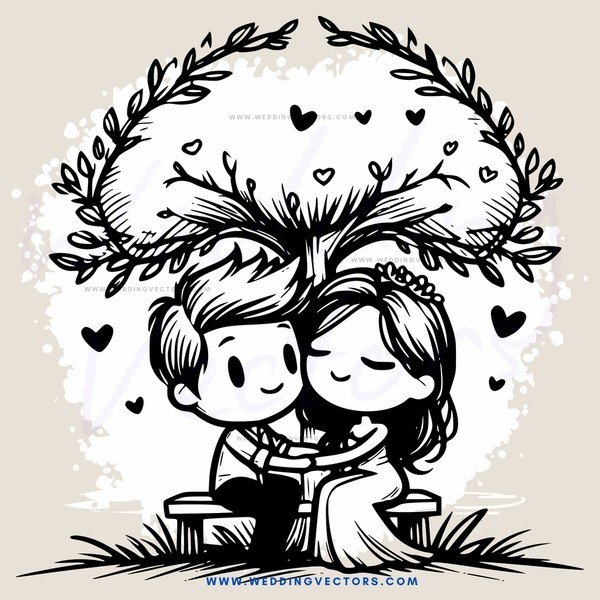 couple sitting under tree with hearts on branches