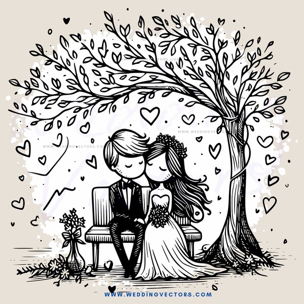 couple underneath tree with heart decorations