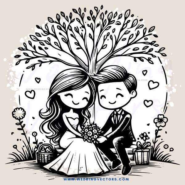 couple under tree with rings and flowers
